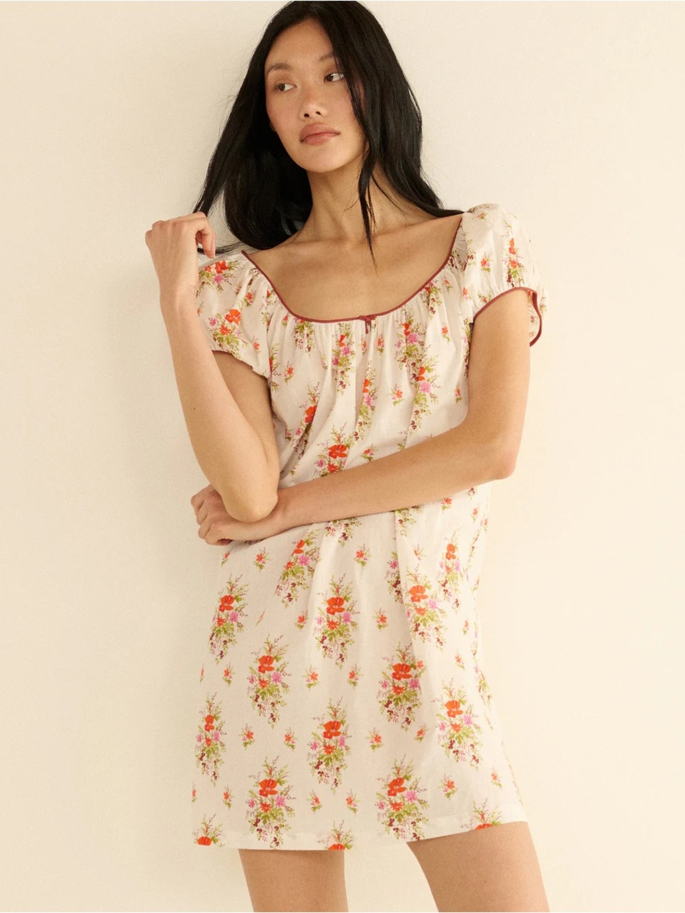 Girls' White Floral Nightgown with Pink Rose Print